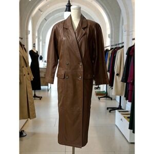 Together Chestnut Brown Leather Longline Double Breasted Office Siren Coat 6